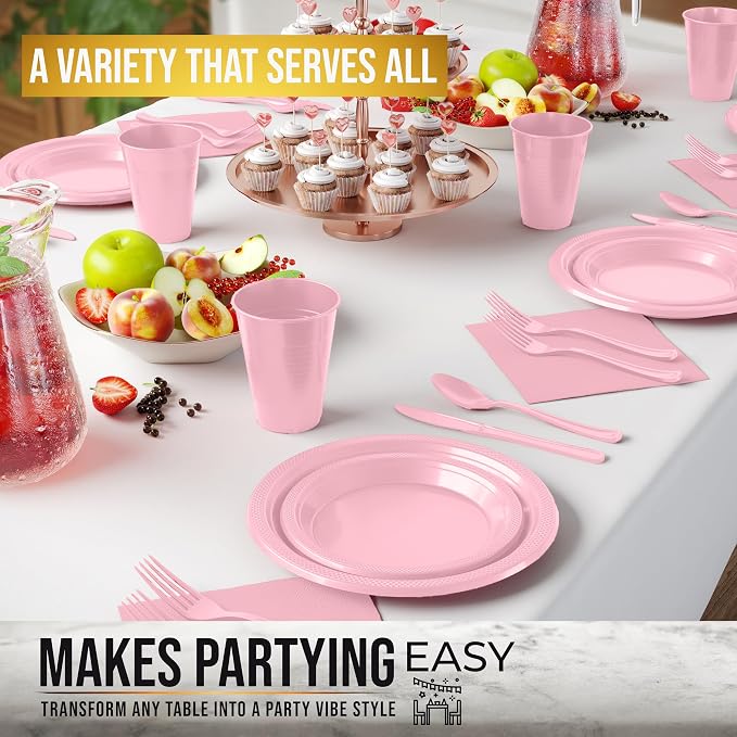 350 Pcs Pink Plastic Plates For Party, Pink Disposable Plates Set, 50 Of Each 9" Dinner Plate Set, 7" Dessert Plate, Cups, Napkins & Cutlery Plastic Dinnerware Set Exquisite