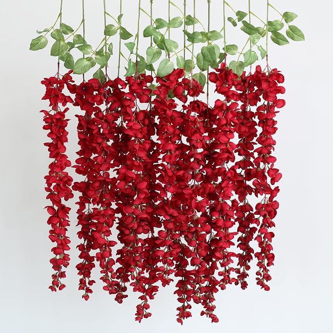 mizii 6Pcs Red Wisteria Hanging Flowers 48" Silk Wisteria Artificial Flowers Garland Vines Fake Hanging Flowers Decoration for Wedding Flower Wall Backdrop Centerpieces Room Decor (Red)