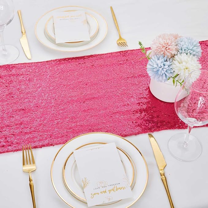 Sequin Table Runners 2 Pieces Fuchsia Table Runners 12x72 Inch Glitter Dining Table Cover for Party Wedding Birthday Reception Banquet Decoration Spring Party Chair Sashes