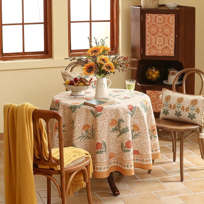 patdrea Vintage Linen Tablecloth,Round,Diameter 67"-RosaSilvestre A | French Heavyweight Table Cloth for Round Table,Yellow Floral Patterned,Dining Room Kitchen Tea Party Decoration