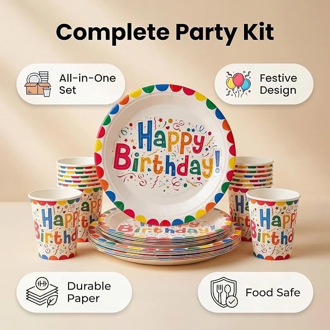 ElZGunara 63Pcs Birthday Party Supplies Set - Includes Plates, Cups, Waterproof Tablecloth，Happy Birthday Banner, Bunting Banner，Colorful Decorations for Boys Girls Serves 20