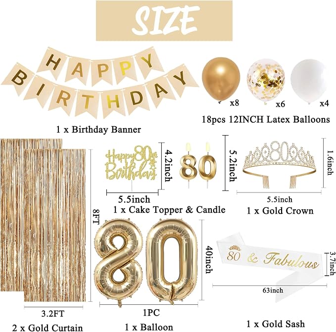 Trgowaul 80th Birthday Decorations for Women, Banner, Sash and Crown, Cake Topper, 80 Number Balloon, Fringe Curtains, Champagne Gold 80th Birthday Party Supplies