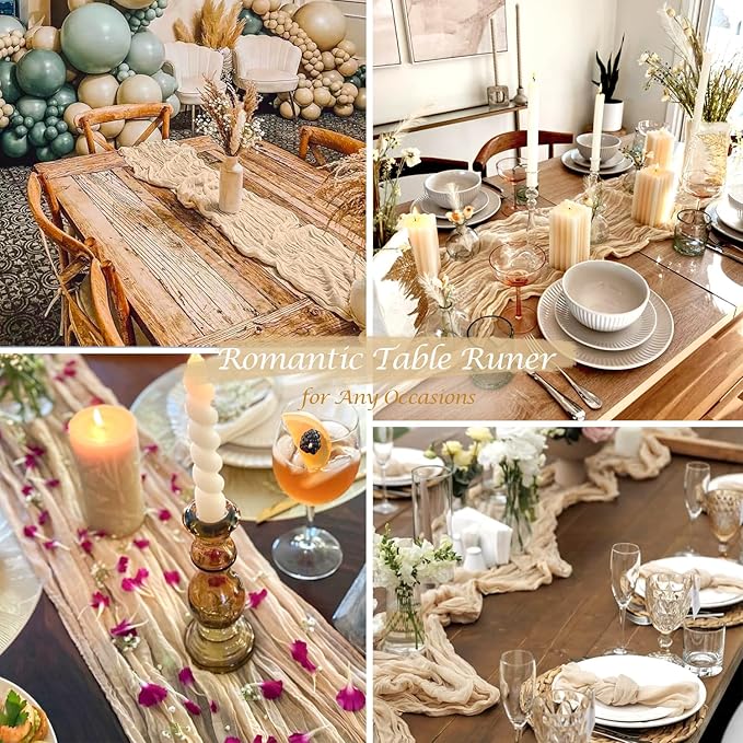 10 Pack Champagne Cheesecloth Table Runner 35x120 Inches, Easter Spring Boho Gold Cheese Cloth Table Runner 10FT Sheer Gauze Runner for Bridal Shower Wedding Baby Shower Party Decor