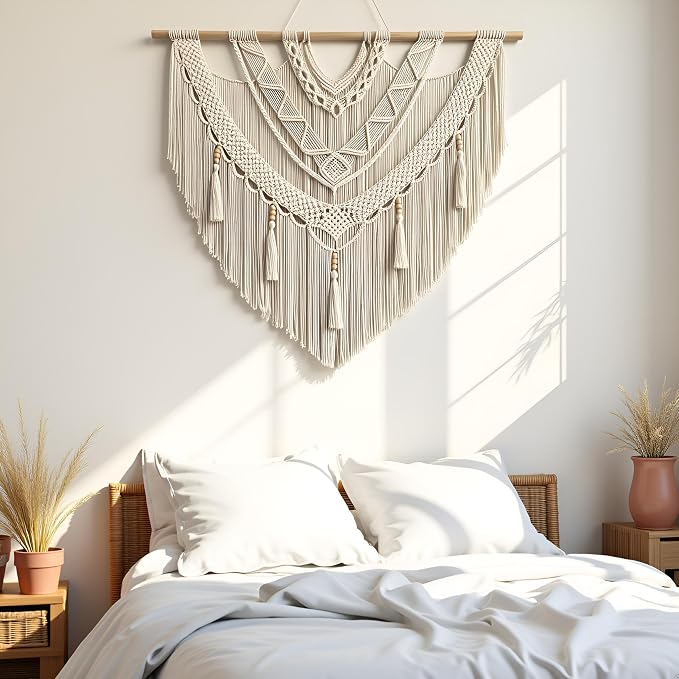 large macrame wall hanging - Boho Tapestry Macrame Wall Decor Art- Chic Bohemian Handmade Woven Tapestry Home Decoration for Bedroom Living Room Apartment Wedding Party - 43"x40" (Bead Fringe)