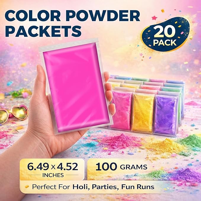 Ceya Holi Powder,20 Pack X 3.5oz(100g) Each Color Run Powder, 10 Colors Natural Washable Chalk Paint for Color War, Rangoli ,Fun Run, Photoshoot, Smoke Bombs, Gender Reveal & Summer Camp