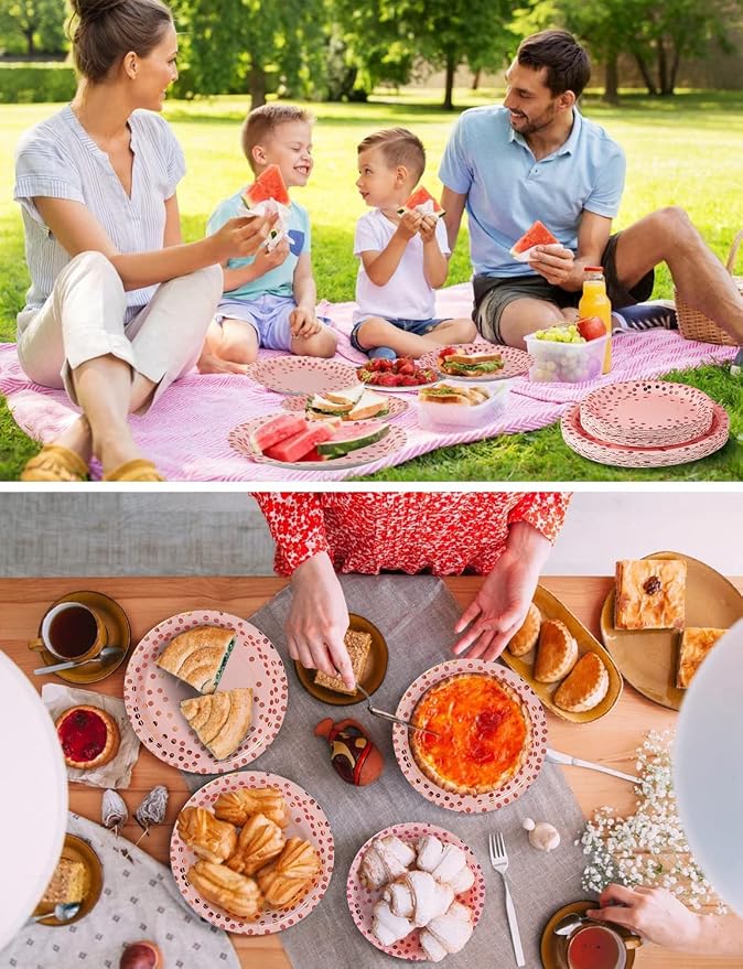 Nkaiso 141 Pieces Pink and Rose Gold Party Supplies, Disposable Party Decorations Sets Include Paper Plates Napkins Cups, Plastic Forks Knives Spoons, for Baby Shower Birthday Wedding -20 Guests