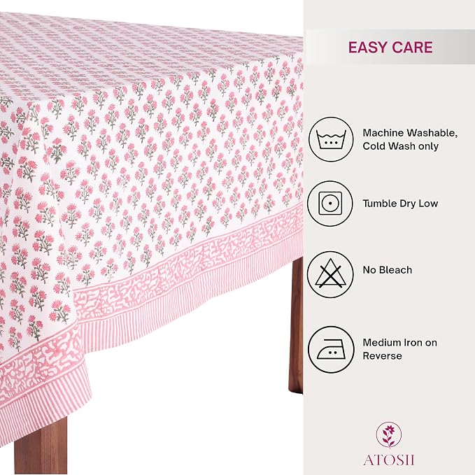 ATOSII Gulbahar White Pink 100% Cotton Fall Rectangle Tablecloth, Handblock Print Floral Table Cloth for Kitchen Dining Linen I Thanksgiving Christmas Weddings Outdoors I 72 X 120 Inches I 10 Seater