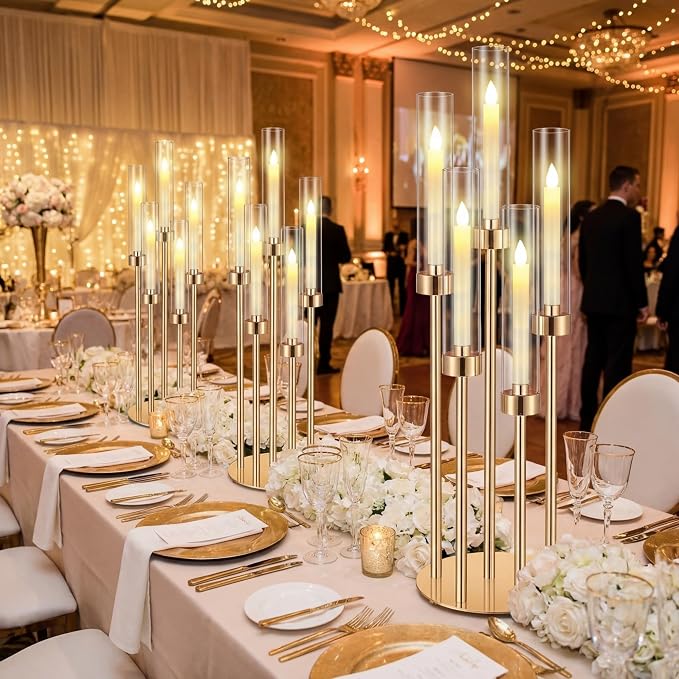 Tandefio 8 Set Gold Candelabra Centerpieces for Tables, 26.8 Inch 5 Arm Candle Holders with LED Candles and Acrylic Cylinders, Tall Acrylic Wedding Table Centerpieces for Reception Dinner Party Decor