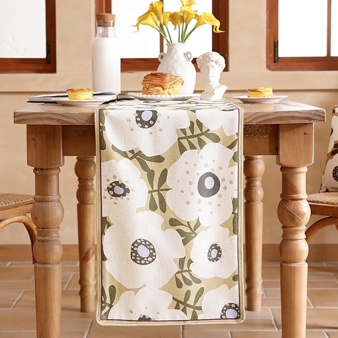 bilin gaier Rectangular White Flower Table Runner 63 Inches Long,Vintage Rustic Farmhouse Linen Floral Table Runners,Table Decoration for Coffee & Dining Table Home Party Kitchen.12 x63-Hidaka