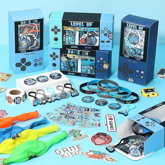 195 Pcs Video Game Party Favors for Kids Gamer Goodie Bag Stuffers Gaming Birthday Party Supplies with Gift Boxes, VIP Pass, Balloons, Bracelets, Keychains, Badges, 3D Stickers (Blue)