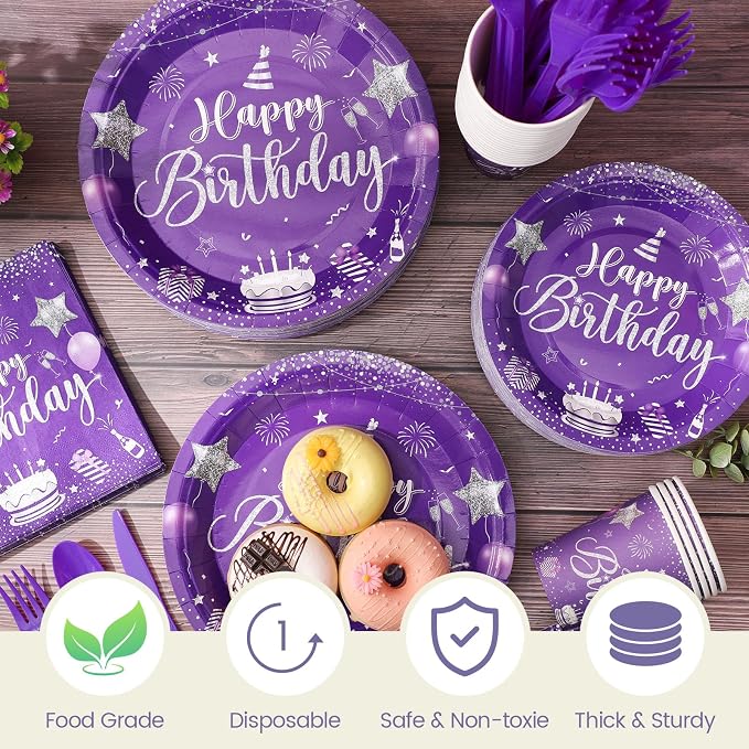 Vesici 350 Pcs Happy Birthday Party Supplies Disposable Party Tableware Set Serves 50 Included Plates Napkins Cups Cutlery for Men Woman 50th 80th Birthday Party Decorations (Silver Purple)