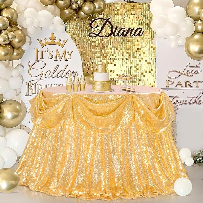B-COOL Gold Sequin Tablecloth Party Decorations: 90 Inch Round Table Cloth Sequins Fabric Overlay for Indoor Outdoor Dining Parties