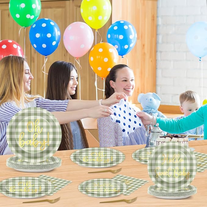 96PCS Sage Green Baby Shower Decorations Gold Sage Green Checkered Paper Plates Scalloped Napkins Tableware Set Hello Sweet Baby Disposable Dinnerware Favor for Gender Reveal Birthday Party Supplies