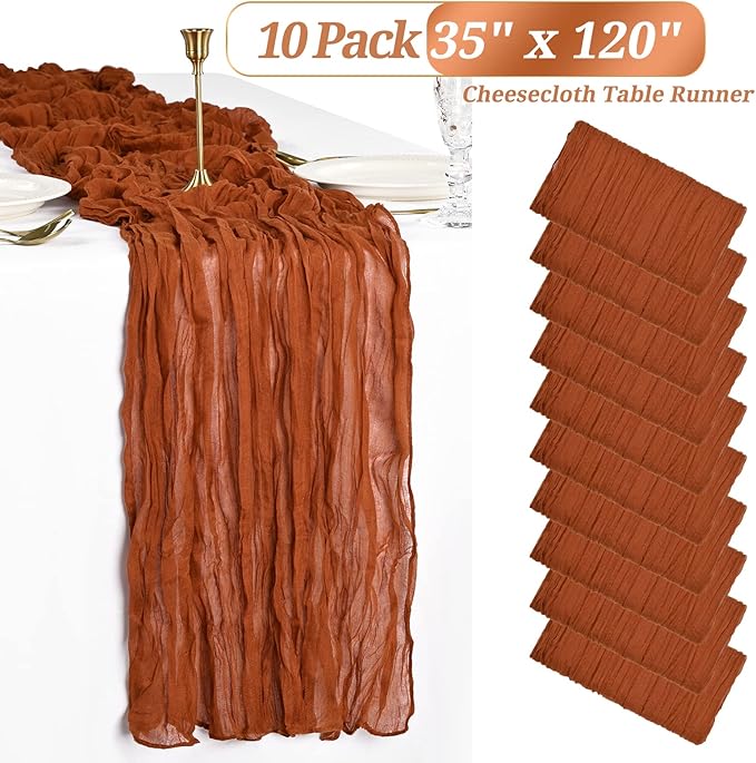 Showgeous 10 Pack Terracotta Cheesecloth Table Runner, 10FT Long Semi-Sheer Boho or Rustic Gauze Table Runner Wedding Table Decor for Wedding Arch Draping Bridal Shower Holiday Party