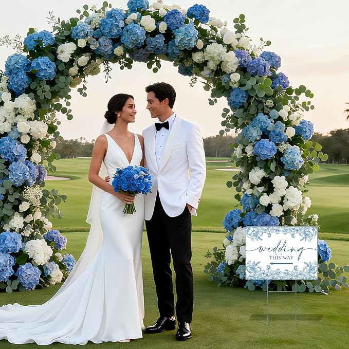 3 Pack 14.5” x 10.5” Wedding This Way Signs Double Sided Printed Wedding Direction Sign with Stakes for Ceremony Reception Lawn Yard Direction Arrow Signs Exquisite Plastic Rainproof Party Supplies,Blue Floral