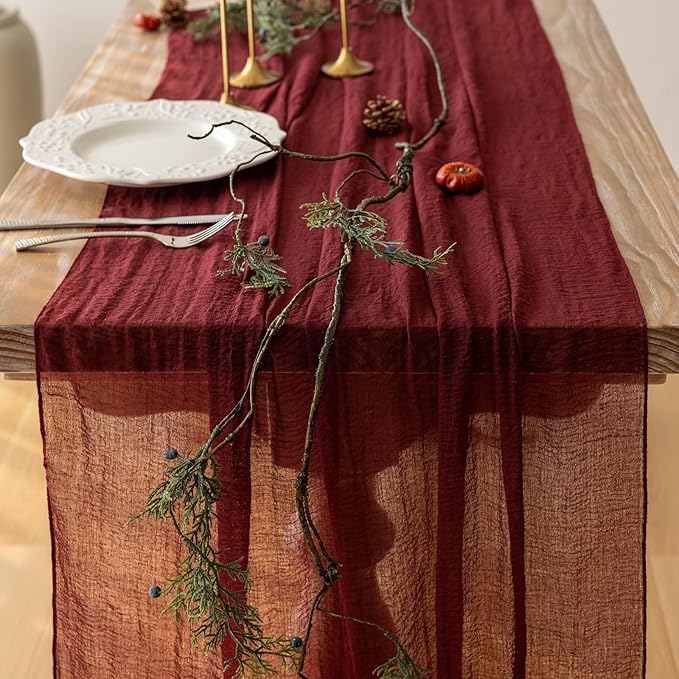 Keketoarrange Burgundy Mothers Day Cheesecloth Table Runner Gauze 120 Inch 10 FT Rustic Boho Cheese Cloth Runner for Wedding Baby Bridal Shower Party Long Sheer Spring Summer Home Decorations