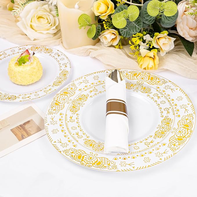 GATHER 350PCS White and Gold Plastic Plates - Gold Disposable Dinnerware Set Include 50 Dinner Plates, 50 Dessert Plates, 150 Gold Plastic Silverware, 50 Napkins, 50 Cups for Wedding & Party