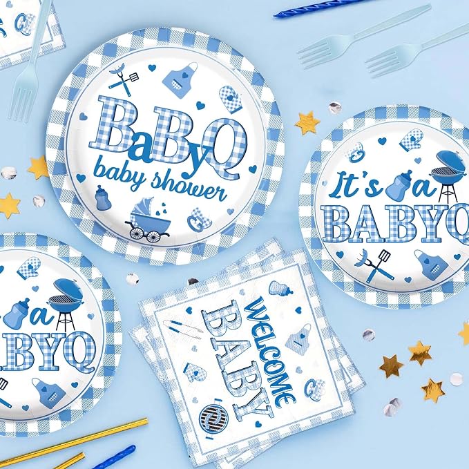 Grencian 96PCS BBQ Baby Shower Decorations It’s A BabyQ Party Plates Disposable Blue BBQ Party Tableware Set for Boys Barbecue Themed Baby Shower Gender Reveal Picnic Birthday Party, Serves 24