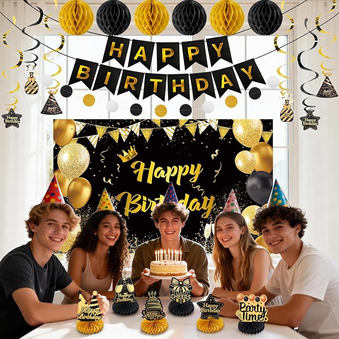 Happy Birthday Party Decoration Set: Including Birthday Banner Backdrop, Party Table Centerpieces and Hanging Swirl Party Streamers, Birthday Decor for Men and Women (Gold/Black, Happy Birthday)
