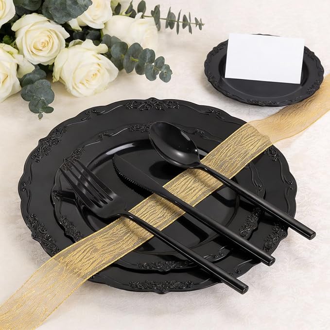 Tinybee 150PCS Black Plastic Silverware - Heavy Duty Disposable Silverware, Luxury Black Plastic Utensils - Elegant Disposable Utensil Include 50 Knives,50 Forks,50 Spoons for Party&Wedding