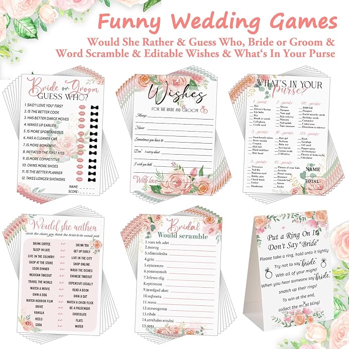 Sosation 331 Pcs Bridal Shower Games Supplies, 5 Sets (50 Cards Each) Wedding Games Cards, 1 Put a Ring on It Bridal Shower Game with 60 Rings and 20 Team Pencils for Wedding Engagement