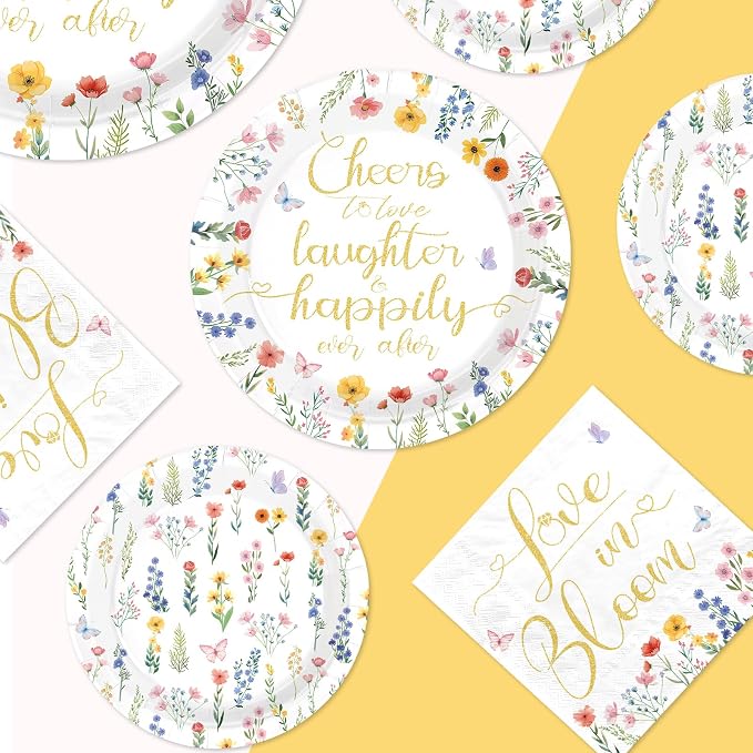 250Pcs Wildflower Bridal Shower Decorations Love in Bloom Plates and Napkins Cheer to Love Laughter Happily Ever Decoration for Engagement Wedding Shower Bachelorette Dinner Party Supplies Serve 50