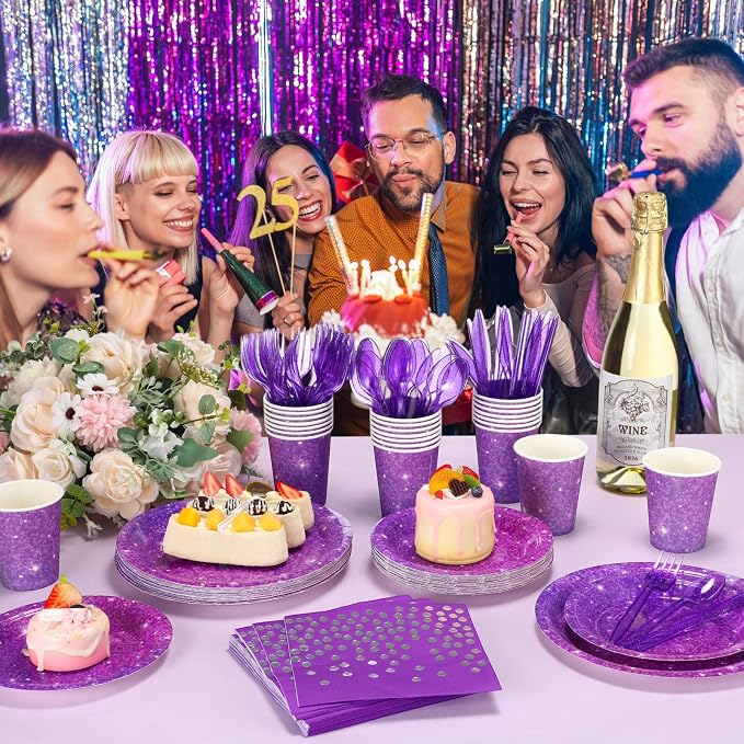 Hushee 350 Pcs 50 Guests Purple Paper Party Plates and Cups Napkins Sets Holographic Glitter Disposable Dinnerware Plastic Forks Knives Spoons Birthday Bachelorette Wedding Party Supplies