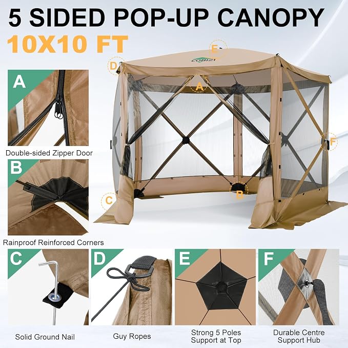COBIZI 10x10 FT Pop up Gazebo, Popup Canopy Tent,Instant Screened in Gazebos, Waterproof Portable Outdoor Small Screen Tents Sun Shelter,carpas para Patio for Camping, Garden and Backyard,Khaki