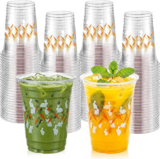 100 Pcs Plastic Cups 16 oz Disposable Carrot Bunny Party Cups Bulk Clear Cute Drinkware for Summer Party Supplies Spring Picnic Cold Drinks Snack