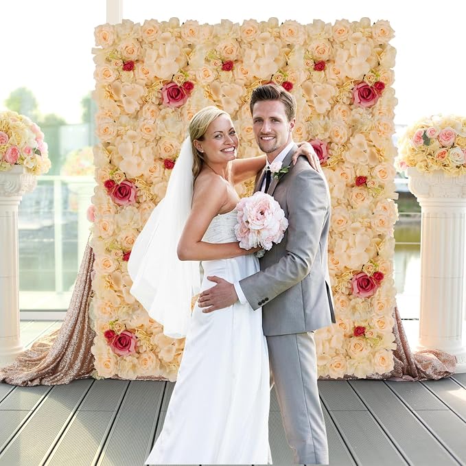 3D Flower Wall Backdrop - 12Pcs 15×15 Inch Artificial Rose Panels Champagne & Red Silk Floral Decor for Home Party Wedding Anniversary Birthday Photographic Studio Background & Decorative Fences