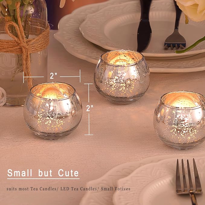 Silver Votive Candle Holders Set of 12 - Mercury Glass Votives Candle Holder - Christmas Tealight Candle Holder for Home Decor and Weddings/Parties Table Centerpieces