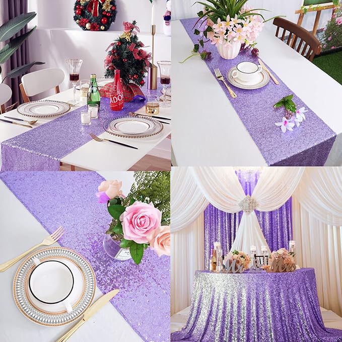 12 Packs Sequin Table Runner Glitter Dining Table Runner for Birthday Wedding Engagement Bridal Baby Shower Bachelorette Holiday Celebration Party Supplies Decorations (12" x 108", Lavender)