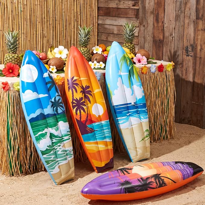 JellyArch 4 Pcs Summer Inflatable Surf Board 36 Inch Inflatable Luau Hawaiian Pool Party Decorations Beach Sunset Blow up Palm Tree Tropical Surfboard for Wall Beach Party Birthday Decoration