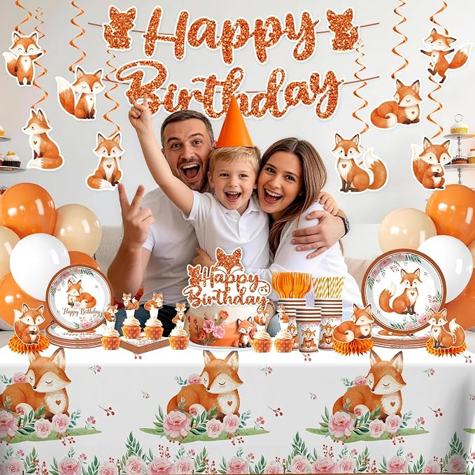 Xynic 205pcs Fox Birthday Decorations Serves 25 - Fox Party Supplies for Kids Birthday, Woodland Birthday Kit with Balloons, Banner, Tableware, Cake Topper, Forest Animal Themed Celebration