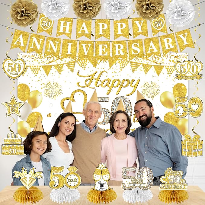 Turypaty Happy 50th Anniversary Decorations Kit, White Gold 50th Wedding Anniversary Party Supplies - Large Happy 50th Anniversary Banner Backdrop, Table Centerpieces, Hanging Swirls, Paper Pompoms