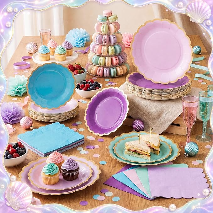Zhehao 150 Pcs Mermaid Plates and Napkins Tableware Serves 50 Includes 9 Inch 7 Inch Purple and Blue Scalloped Wave Edges Paper Plate and Napkins for Wedding Birthday Baby Shower Party