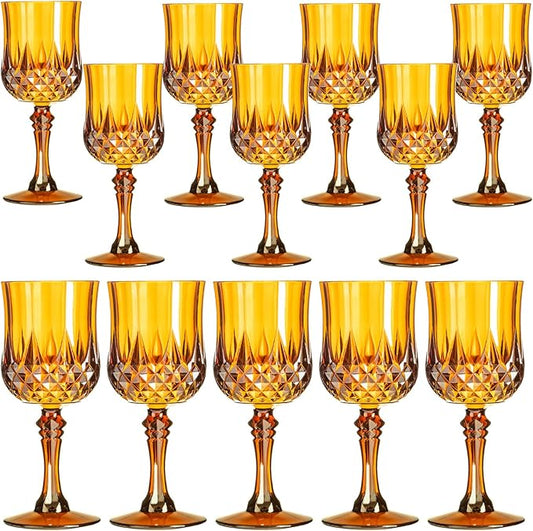 XKXKKE 12 Pcs Amber Plastic Wine Glasses, Plastic Water Goblets for Parties, Stemmed Drinking Glasses for Wedding Reception, Grand Event Party Bar Supplies Reusable Drinking Cups