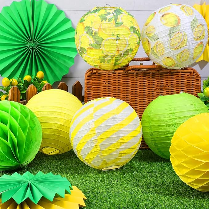 Retisee 18 Pcs Lemon Party Decorations Kit Yellow Paper Lanterns Hanging Decoration Paper Fans Hanging Honeycomb Ball for Lemon Theme Party Supplies Wedding Baby Shower Decor