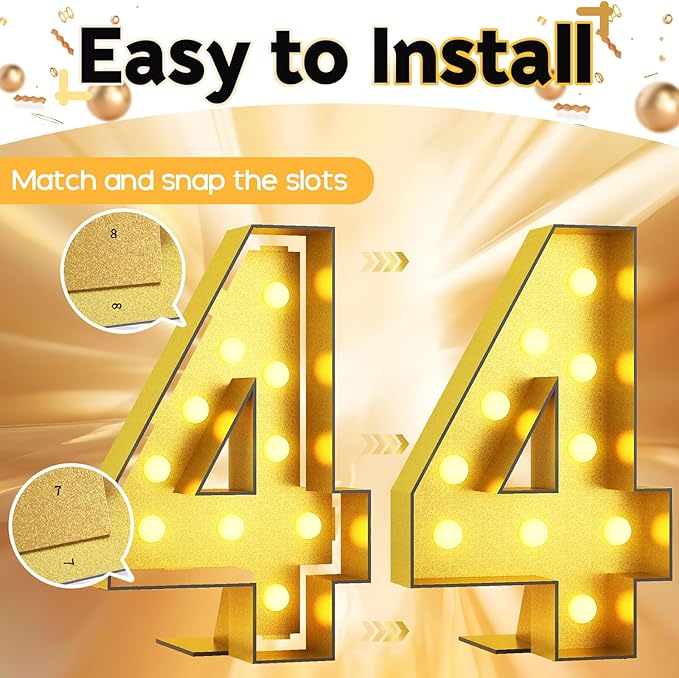 Light Up Number 4, Marquee Light Up Numbers Gold 4FT, Large Led Numbers Lights for 4th Birthday, 4 Feet Tall DIY Frame Pre-Cut Foam Board Kit for Night Light Party Anniversary Decorations