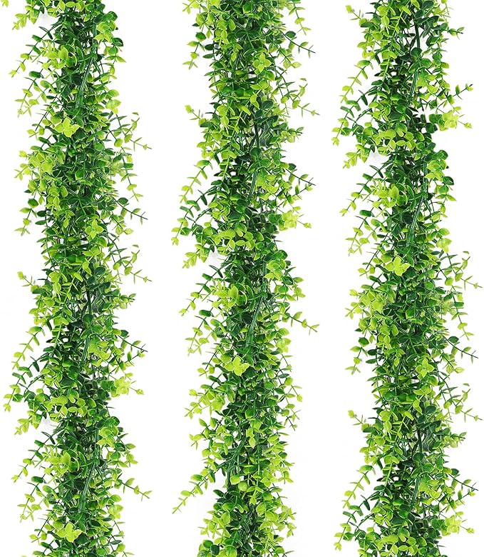RECUTMS Artificial Eucalyptus Garland - Fake Greenery Leaves Vine Garlands Faux Hanging Plants 3 Packs for Home Garden Mantle Table Wedding Backdrop Arch Wall Decoration
