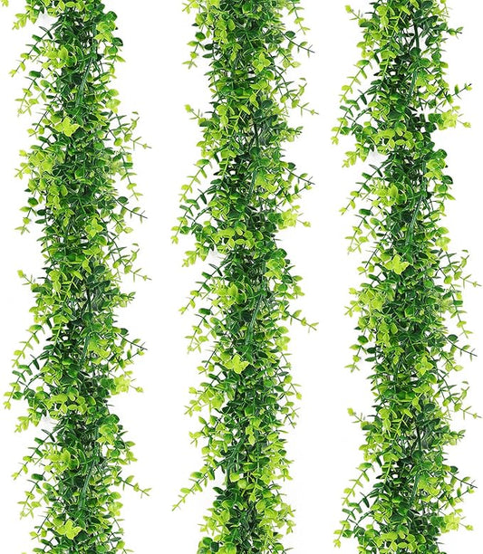 RECUTMS Artificial Eucalyptus Garland - Fake Greenery Leaves Vine Garlands Faux Hanging Plants 3 Packs for Home Garden Mantle Table Wedding Backdrop Arch Wall Decoration