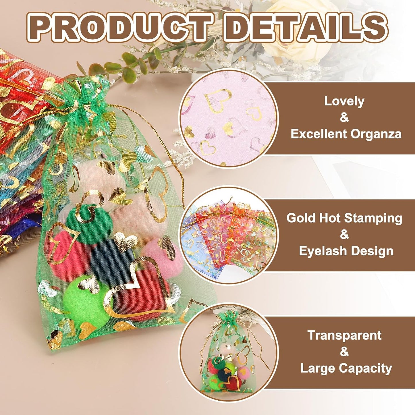 PATIKIL 100 Pcs 5x7 Inch Heart Printed Organza Bags, Rose Red Sheer Heart Organza Bags with Drawstring for Christmas Candy Jewelry Party Wedding Favor Gift