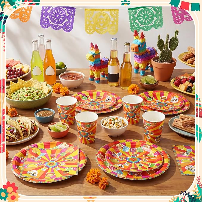 Jenaai 200 Pcs Fiesta Tableware Set Serve for 50 Guests Mexican Birthday Party Decorations Cinco De Mayo Party Supplies 9" Dinner Plates 7" Dessert Plates Cups and Napkins for Dinnerware Disposable