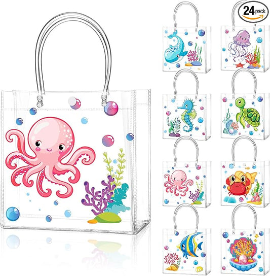 Teenyyou 24 Pcs Sea Animal Party Favor Bags PVC Clear Ocean Gift Bags with Handle for Birthday Party Supplies