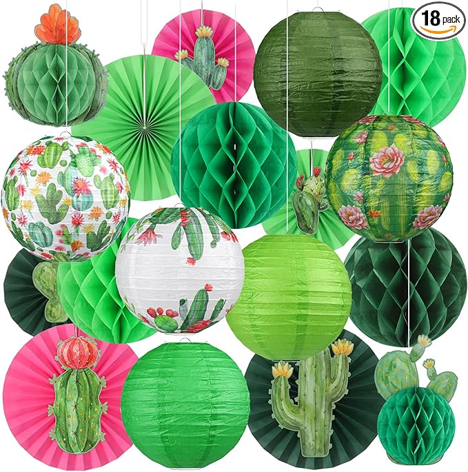 Retisee 18 Pcs Cactus Party Decorations Succulent Hanging Paper Lanterns Plant Honeycomb Fans Honeycomb Ball for Cactus Taco Bout a Theme Birthday Baby Shower Decorations