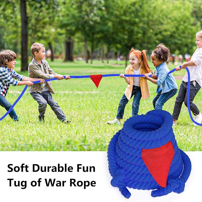 Tug of a War Rope for Kids and Adult, 25FT Tag o War Ropes with Flag for Outdoor, Outside Carnival, Lawn, Field, Team Building Game, Safety Cord for School and Church, Blue