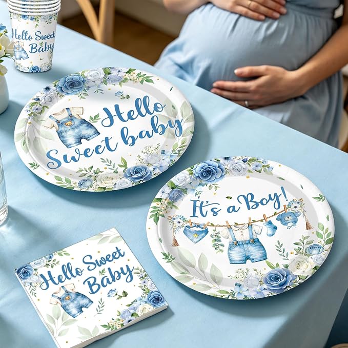 Blue Baby Boy Shower Decorations - Plates, Napkins, Cups, Cutlery, Honeycomb Centerpieces, Banner, Hanging Swirls, Tablecloths, Toppers, Sash, Balloons for Jean Boy Baby Shower Decorations, Serves 20