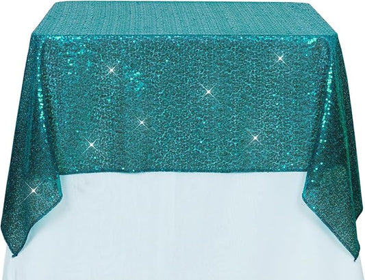 PartyDelight Teal Sequin Tablecloth Overlay 50 X 50 Inch for Wedding Party Birthday Bridal Baby Shower and Other Events Decorations