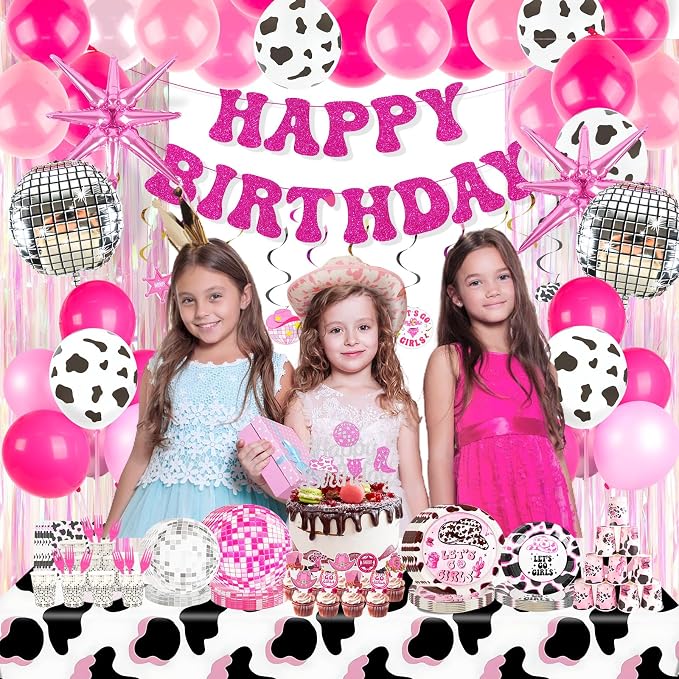 185Pcs Cowgirl Birthday Party Decorations Supplies - Includes 20 Guests Tableware Set and Birthday Banner Backdrop Foil Balloons Stand Cake Toppers for Western Disco Cowgirl Party Decor