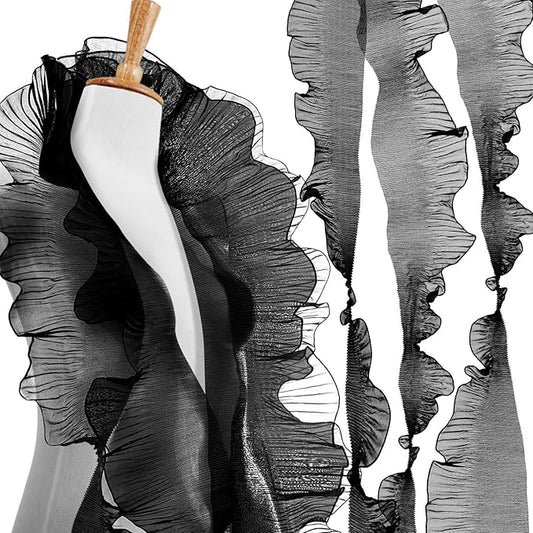 Ganeen 16 Yard Ruffle Pleated Iridescent Ribbon, Black Jellyfish Organza Ruffle Trim, Retro Tulle Lace Fabric for Jellyfish Costume Sewing Craft Dress Hat Lantern Cake Christmas Tree Decor